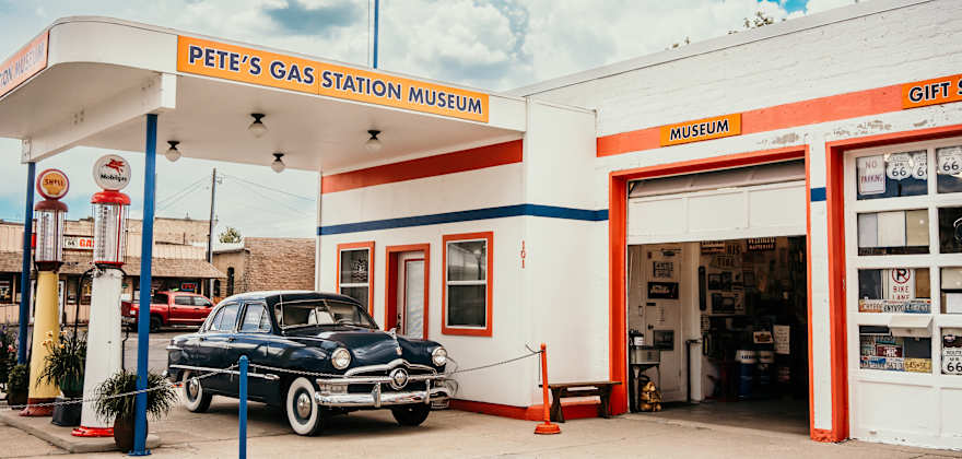 The exterior of Pete's Gas Station Museum in Williams, Arizona.