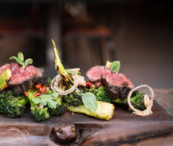 The Lark's prime grilled hanger steak served with onion, broccoli and herbs in Santa Barbara, picture