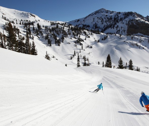Man and woman skiing a groomed run at Snowbird in Salt Lake City, picture