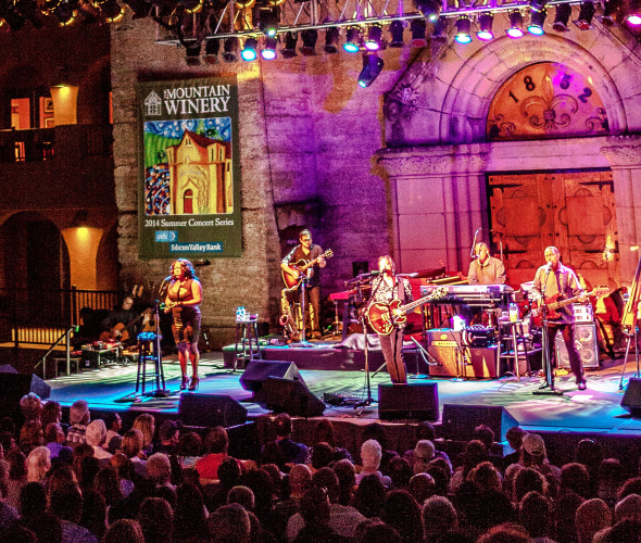 A band plays at The Mountain Winery's outdoor stage, picture