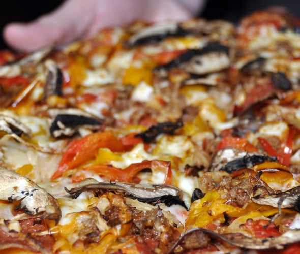 the Fireside pizza with Italian sausage, pepperoni, onions, peppers and mushrooms at Fireside Pizza Company in Lake Tahoe