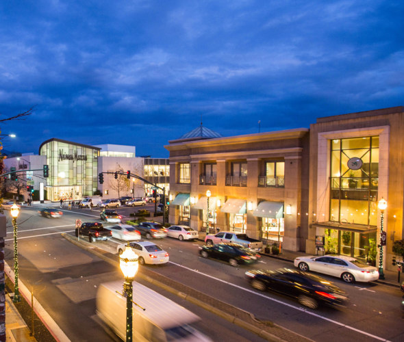 View of Broadway Plaza shopping area in Walnut Creek, California, after dark, photo