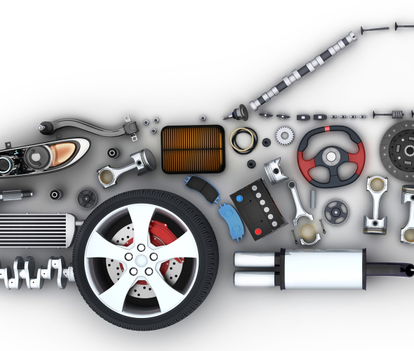 A compilation of original equipment manufacturer or OEM parts in the shape of a car