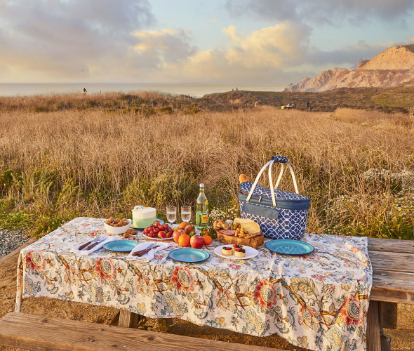 A tablecloth covers a picnic table at Montara State Beach.