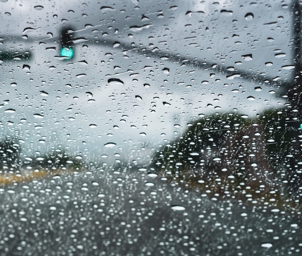 Rain droplets collect on a car windshield.