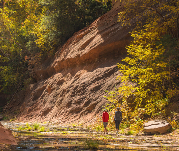 Two hikers walk through the creek in Coconino National Forest, Red Rock Secret Mountain Wilderness, West Fork Oak Creek Canyon.