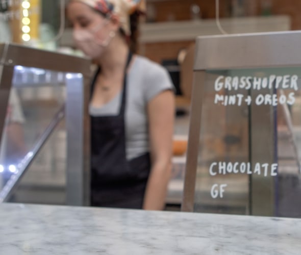 A grasshopper milkshake on the counter at Lala’s Creamery in Petaluma, California.