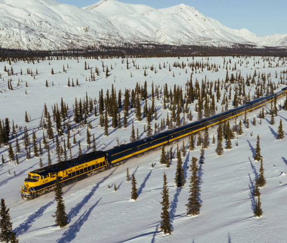 Aurora Winter Train glides through the snowy landscapes of Alaska.