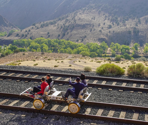 A family rides a railbike in Carson City, Nevada.