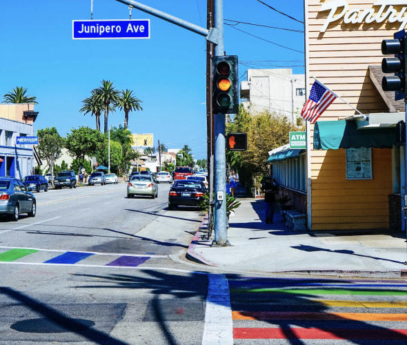 picture of the Alamitos neighborhood in Long Beach, California with rainbow crosswalks