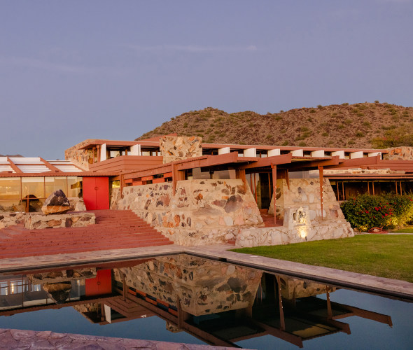 the exterior of Taliesin West and surrounding landscape in Scottsdale, Arizona