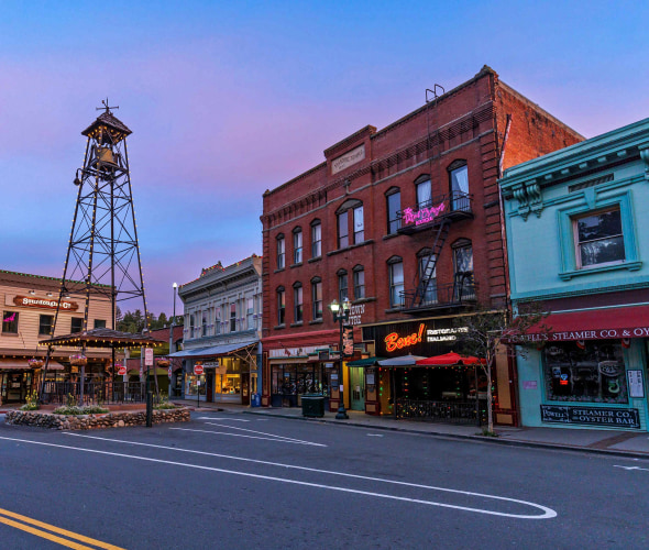 Downtown Placerville, California at dusk.