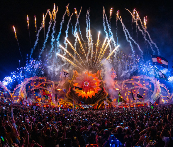 Pyrotechnics at the colorful kineticFIELD stage at Electric Daisy Carnival.