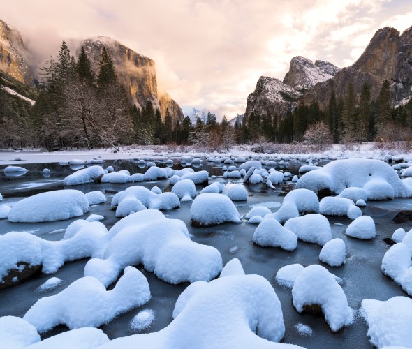 Snow-covered rocks in Yosemite Valley.