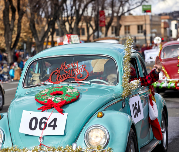 Volkswagen Vintage Car club in Christmas parade on Cortez St. in Prescott, Arizona.