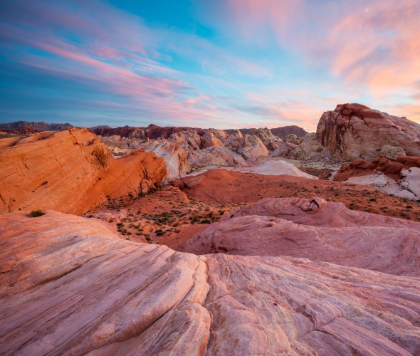 Red and pink rocks glow in Valley of Fire State Park in Nevada.