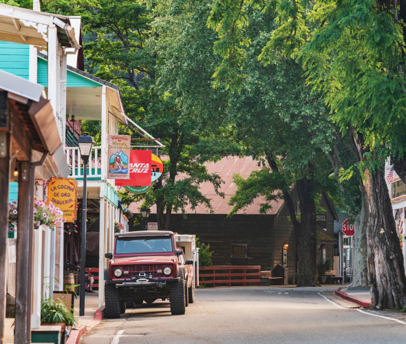 Downieville's historic buildings line a street through the core of the town.