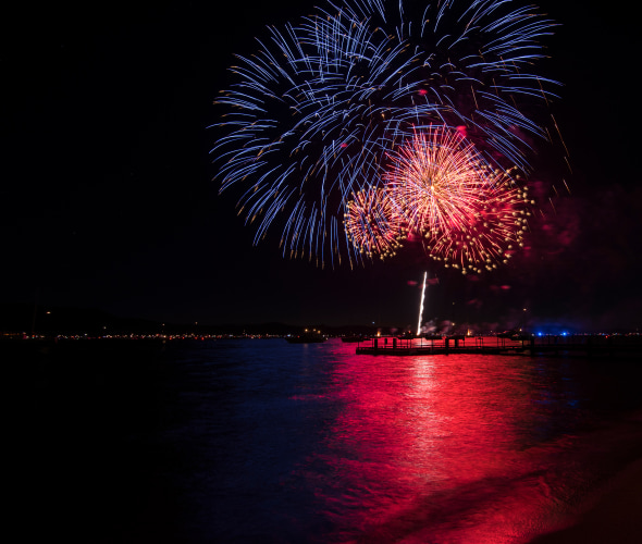 Fourth of July fireworks over the water in South Lake Tahoe, California