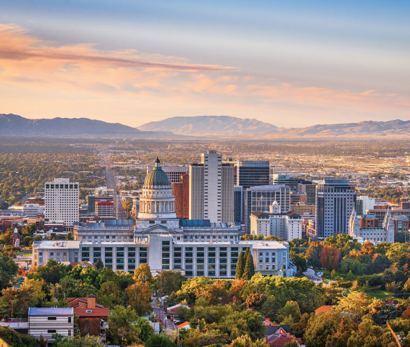 Downtown Salt Lake City, Utah, skyline at dusk.