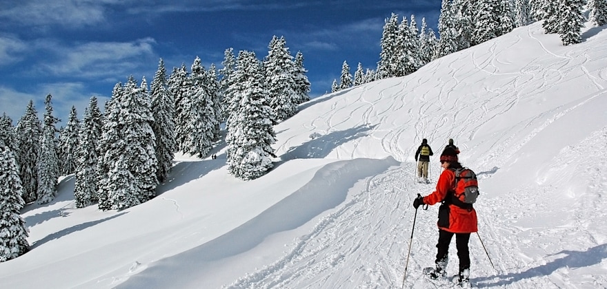 People snowshoe on a trail on Mount Ashland in the snow.
