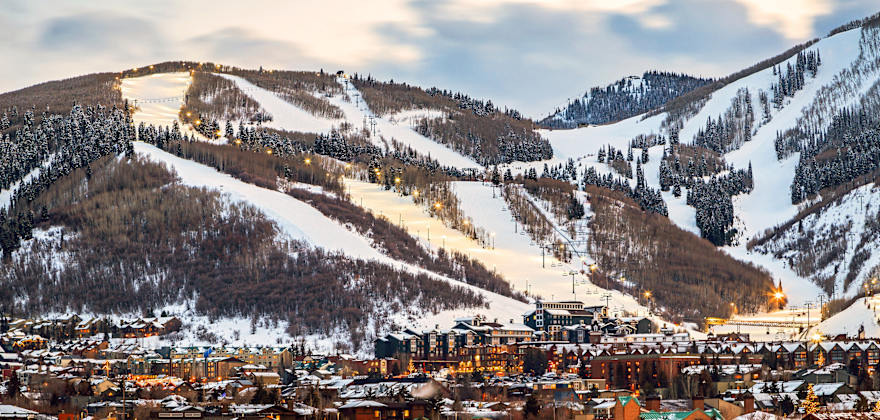Park City, Utah hill lit up for night skiing