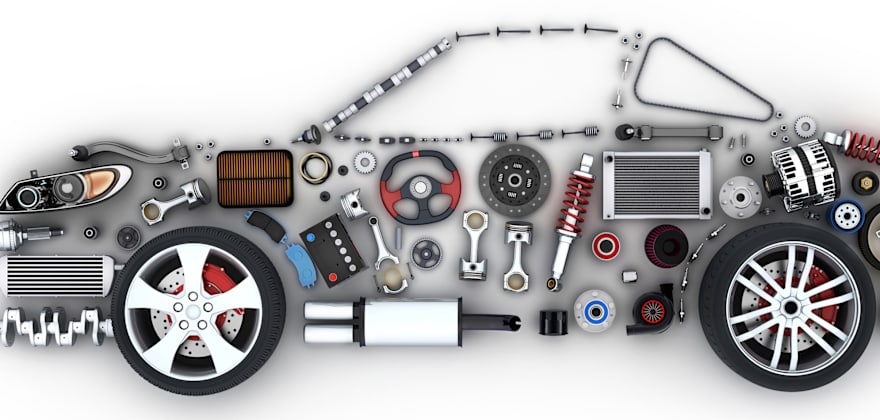 A compilation of original equipment manufacturer or OEM parts in the shape of a car