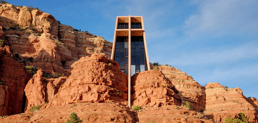 Chapel of the Holy Cross in Sedona, Arizona, with blue sky in the background