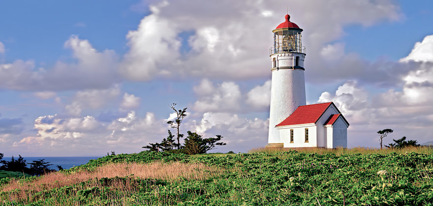 Cape Blanco lighthouse and wildflowers (lupine) with clouds in Port Orford, Oregon