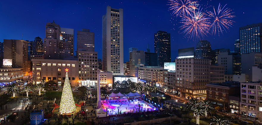 Fireworks errupt over Union Square in San Francisco, California on New Years.