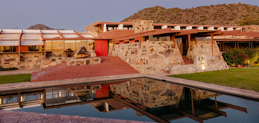 the exterior of Taliesin West and surrounding landscape in Scottsdale, Arizona