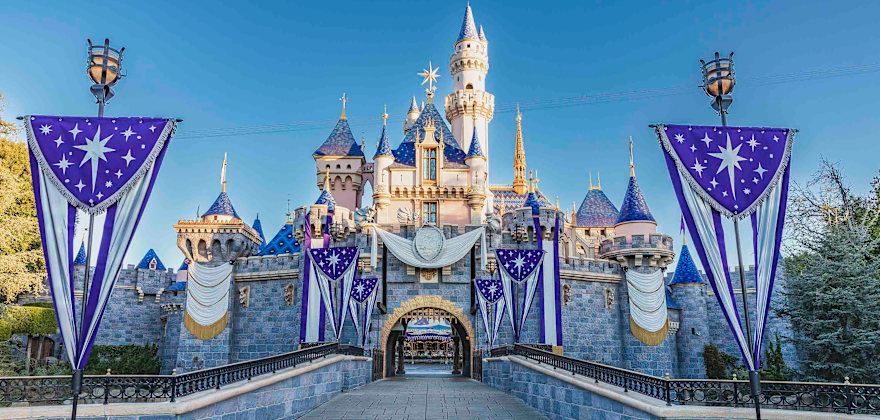 Disneyland castle decorated for Walt Disney 100 anniversary.