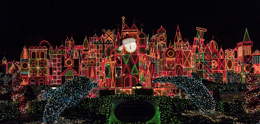 Disneyland's "It's a Small World" Holiday ride decked out in thousands of lights for the holidays.