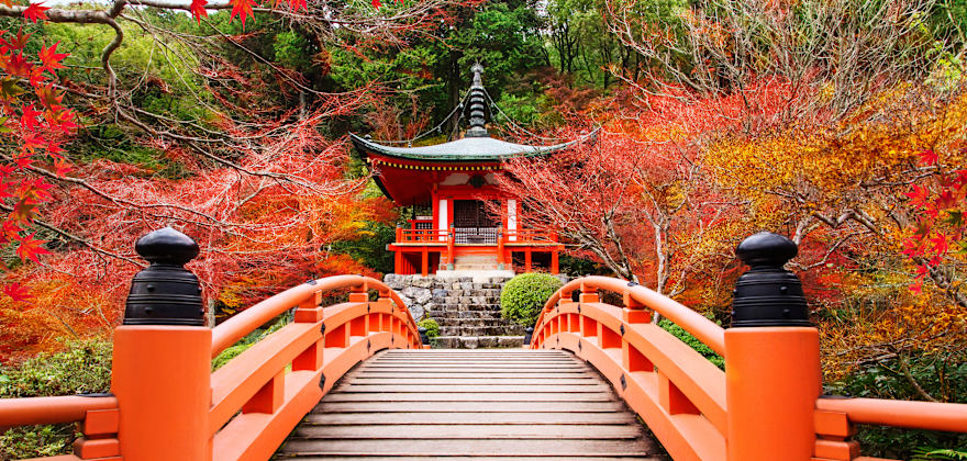Kyoto Daigoji temple in Kyoto, Japan surrounded by fall color.