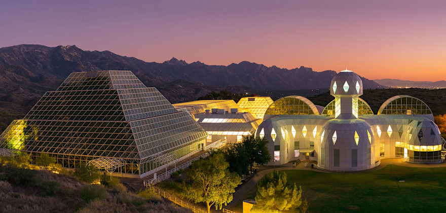 Biosphere 2 at sunset.