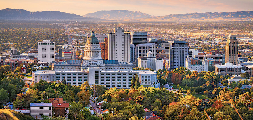 Downtown Salt Lake City, Utah, skyline at dusk.