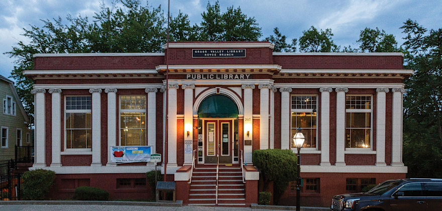 Outside the Grass Valley Library–Royce Branch in downtown Grass Valley, California, at dusk.