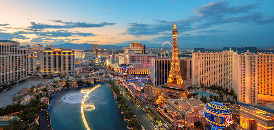 The Las Vegas strip lit up at dusk.