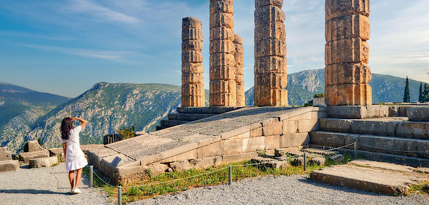 Apollo Temple or Apollonion and its doric pillars on Mount Parnassus, Delphi, Greece
