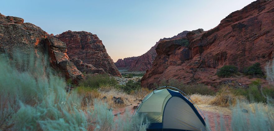 Sunset behind tent at campground, Snow Canyon State Park, Ivins, Utah