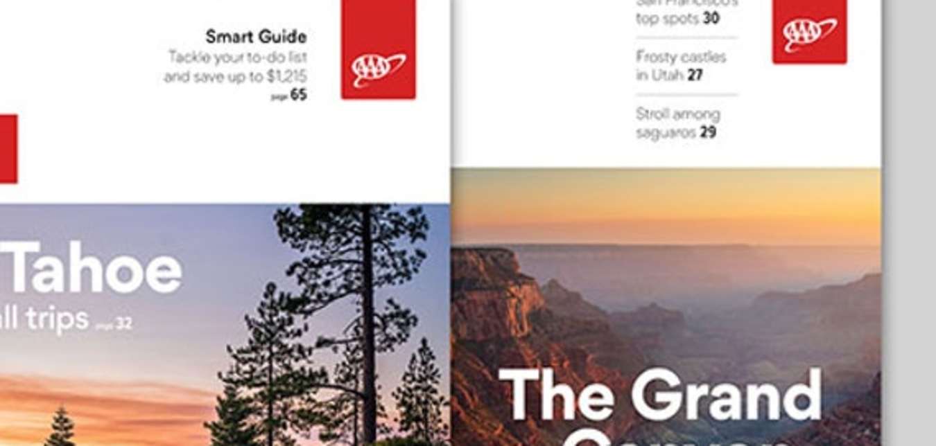 AAA Via magazine covers featuring lake tahoe and the grand canyon