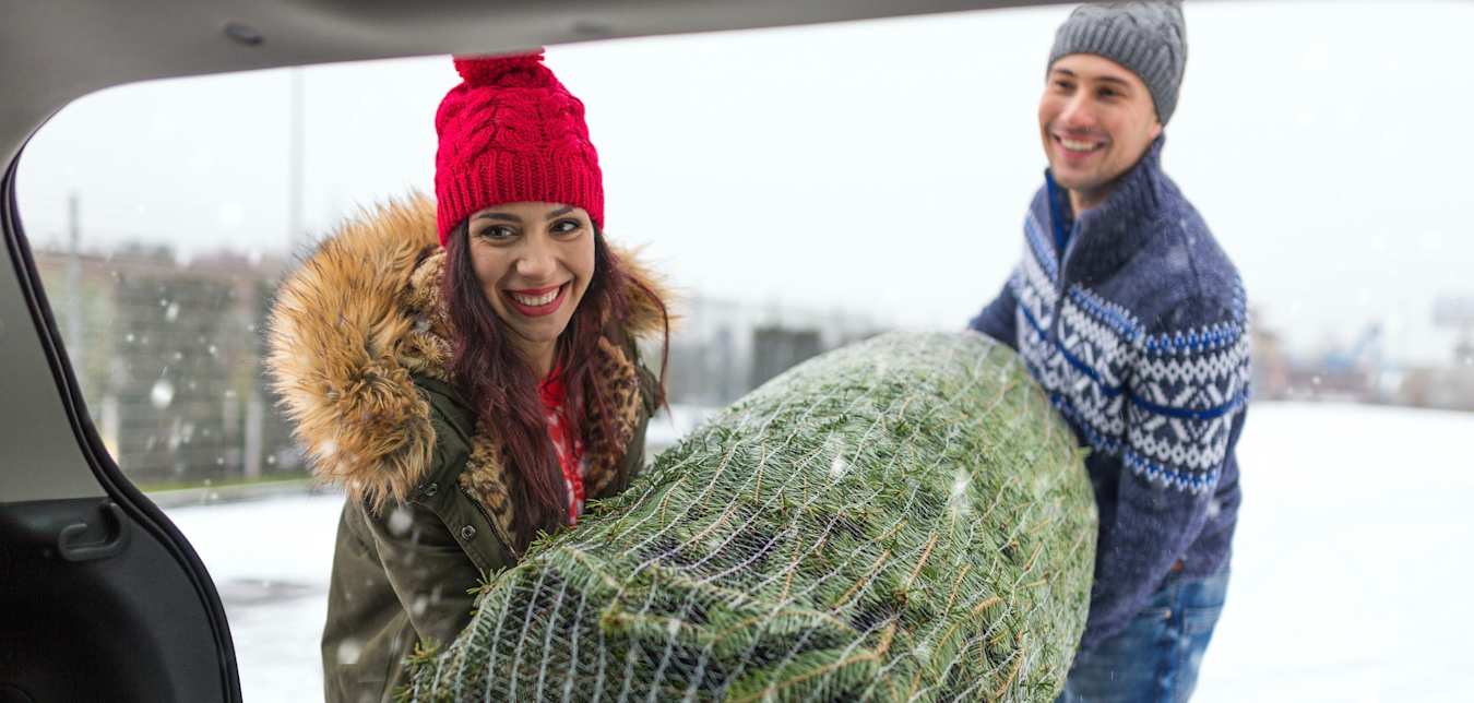 a smiling couple puts their Christmas tree into their hatchback vehicle with snow blowing outside