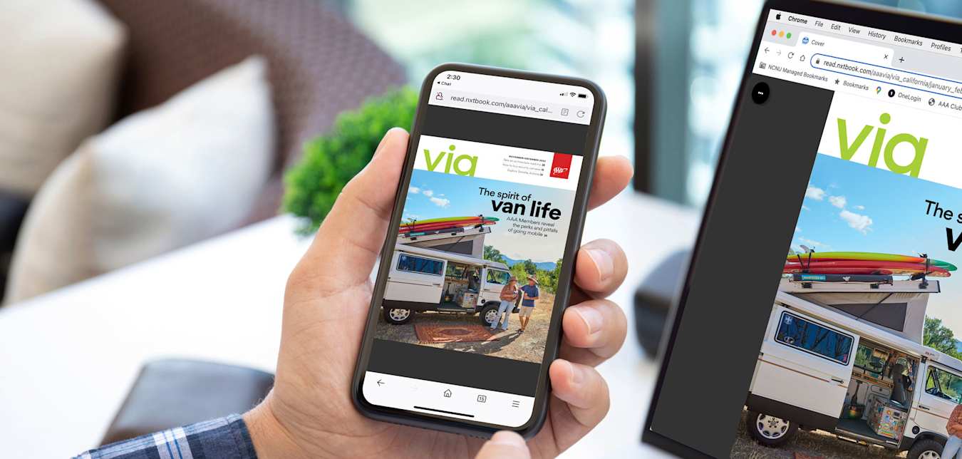 Via Magazine November December 2023 issue cover on a tablet and a phone