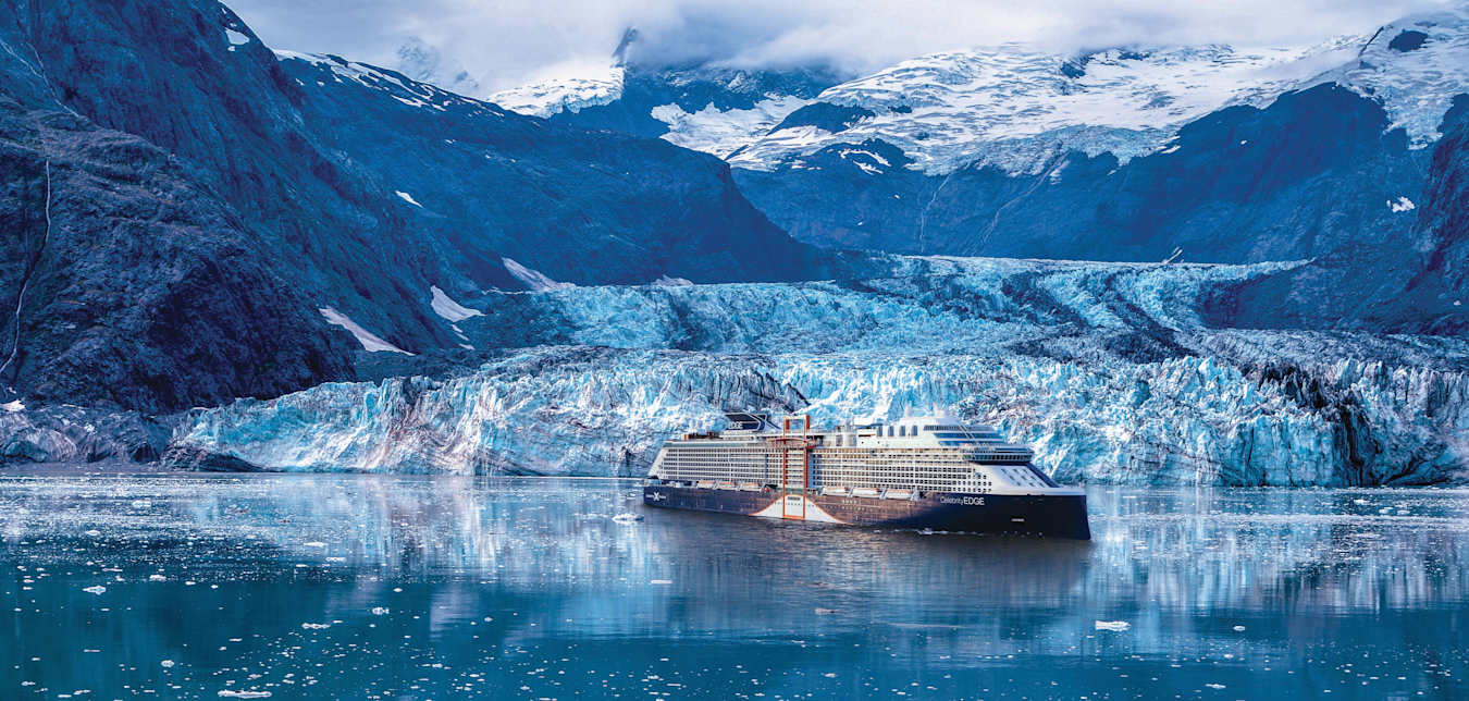 celebrity cruise ship near glacier in alaska
