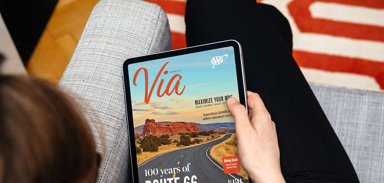 Via Summer 2026 digital magazine cover on a tablet.