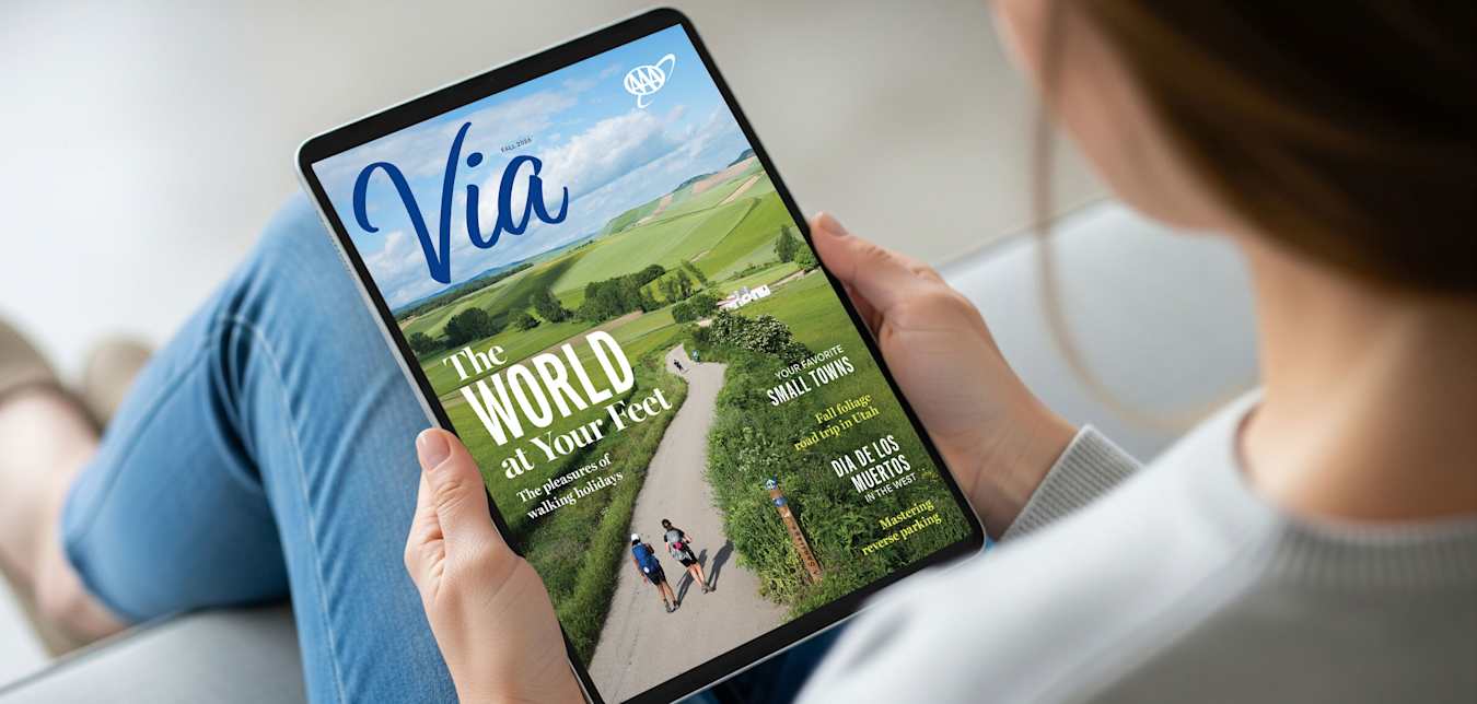 Via Fall 2026 digital magazine cover on a tablet.