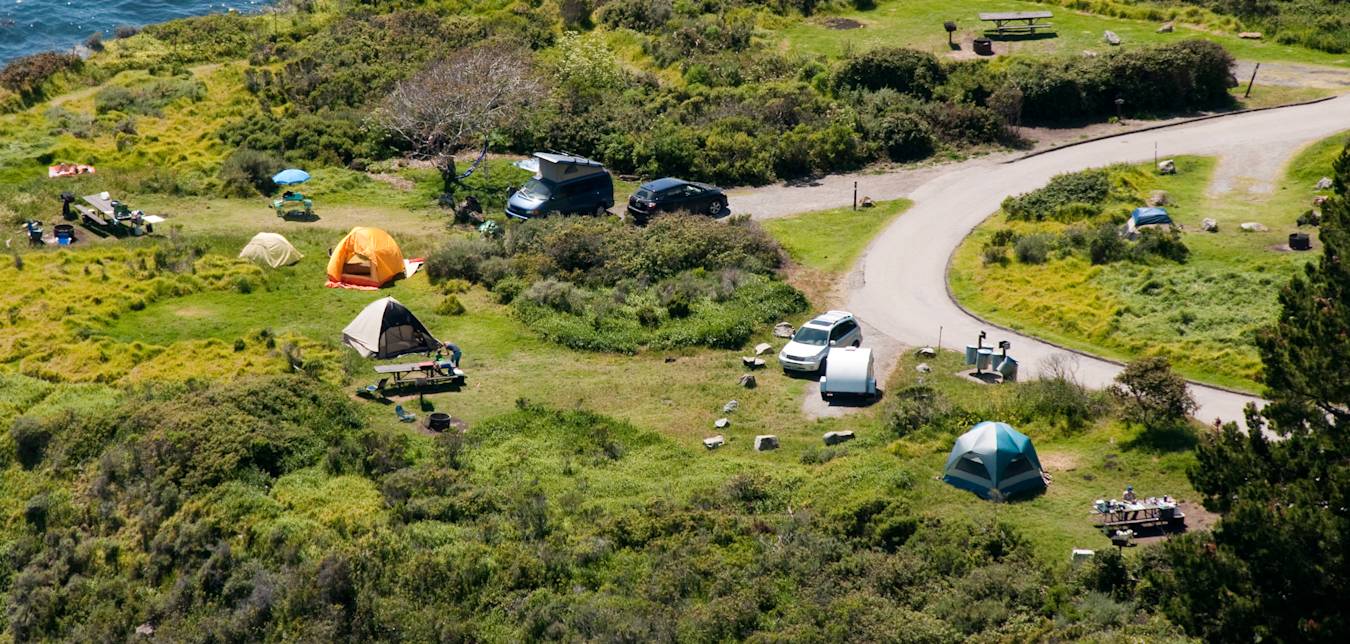 Aerial view of tents set up at Kirk Creek Campground in Los Padres National Forest near Big Sur, California.