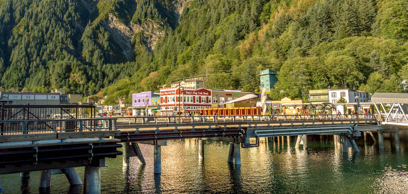 Shops and restaurants line the waterfront in Juneau, Alaska.