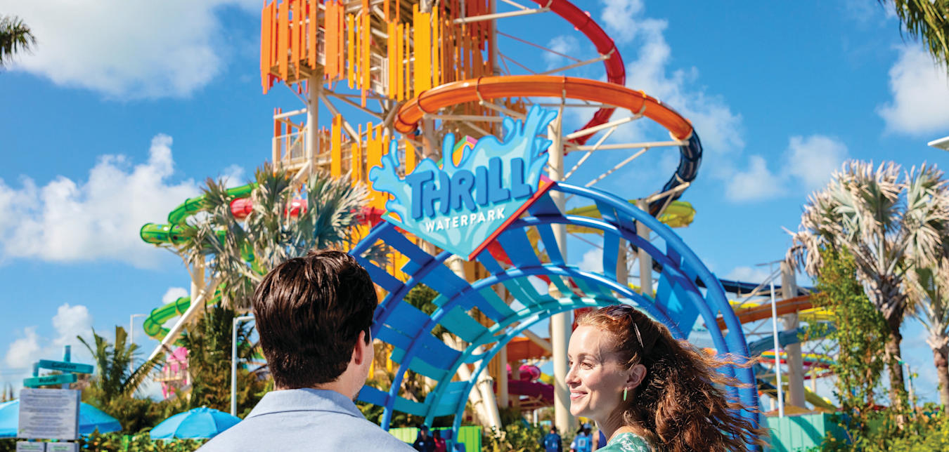 man and woman at thrill waterpark on coco cay