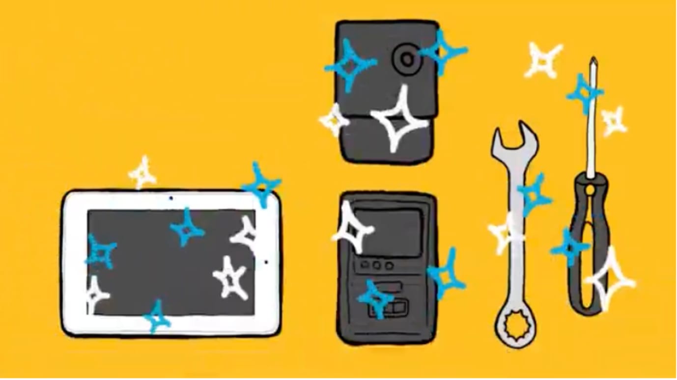 A drawing of electronic gadgets and tools