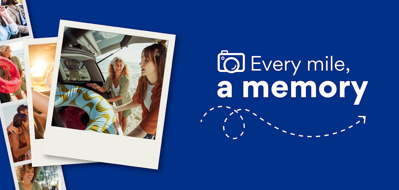 blue background with lifestyle polaroids